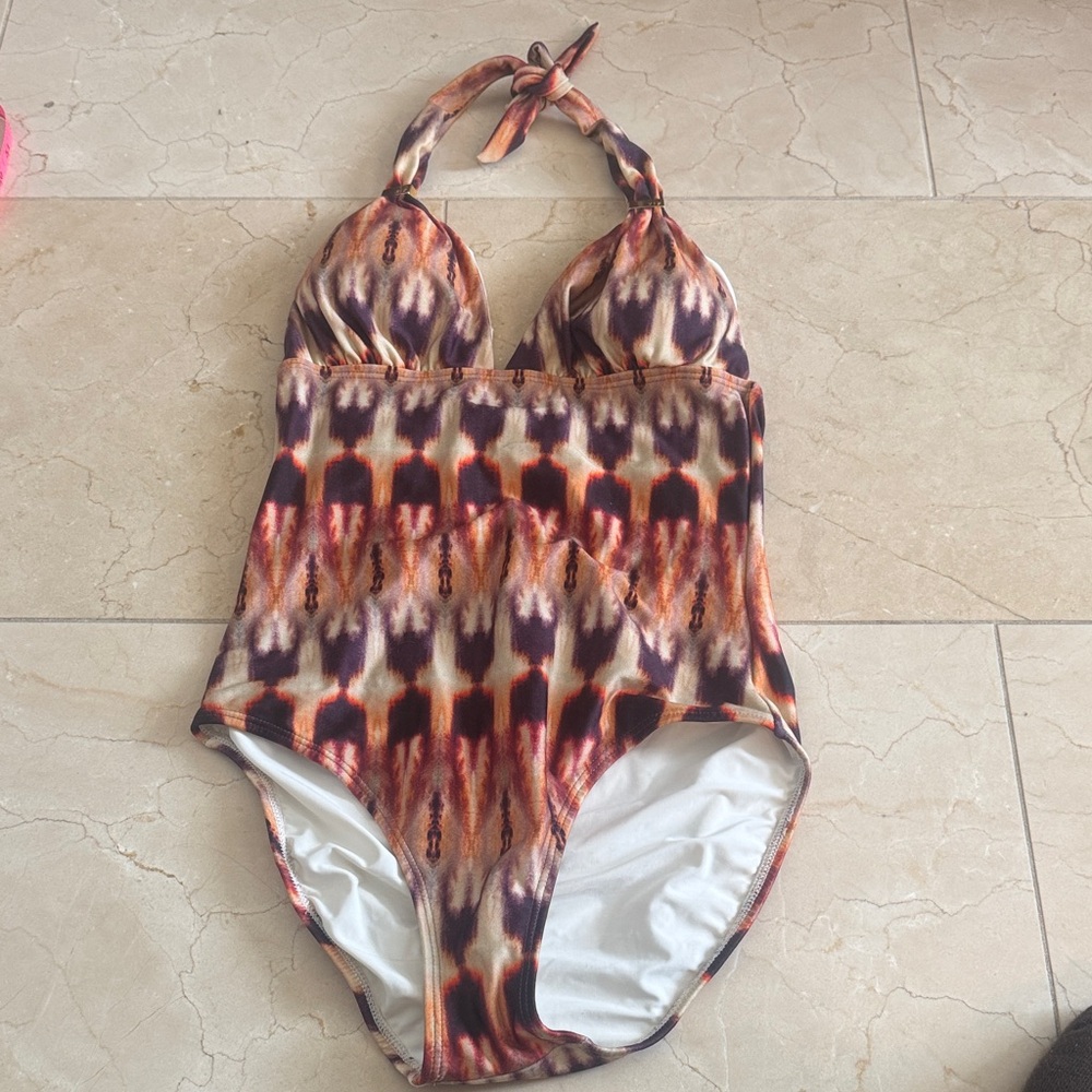 Vix multi colored ikat pattered halter one piece full coverage bottom small